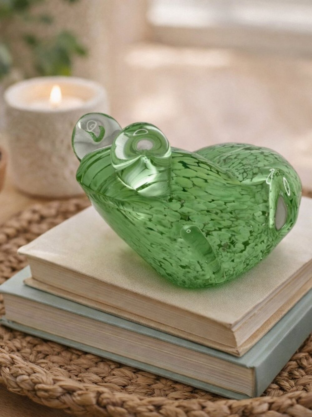 Green Art Glass Frog Paperweight Hand Blown Speckled Decorative 8"